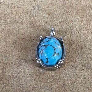 VTG Y2K Turquoise Pendant Oval Cabochon Sterling Silver Charm Necklace Jewelry‎